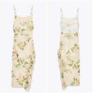 🌺 ZARA Floral Print Ruffled Midi Dress with Side Slit and Open Back
